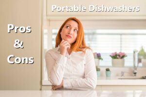 woman in kitchen thinking about pros and cons of portable dishwashers